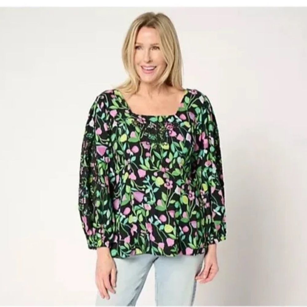 Susan Graver Floral Embroidered Blouse - Black, Green, Pink size XL